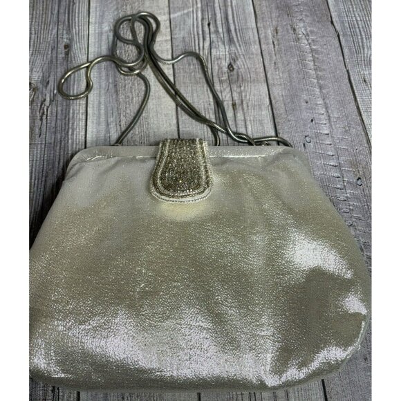 Vintage La Regale Silver Beaded Evening Handbag Snap Closure Chain Strap - Picture 1 of 11